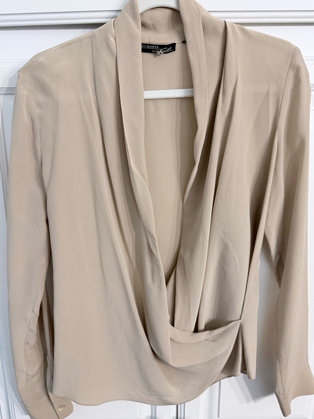 All Saints Neutral Beige Draped Cowl Blouse